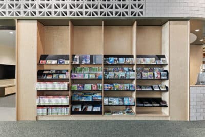 Expressions shelving used in joinery for flexible display.